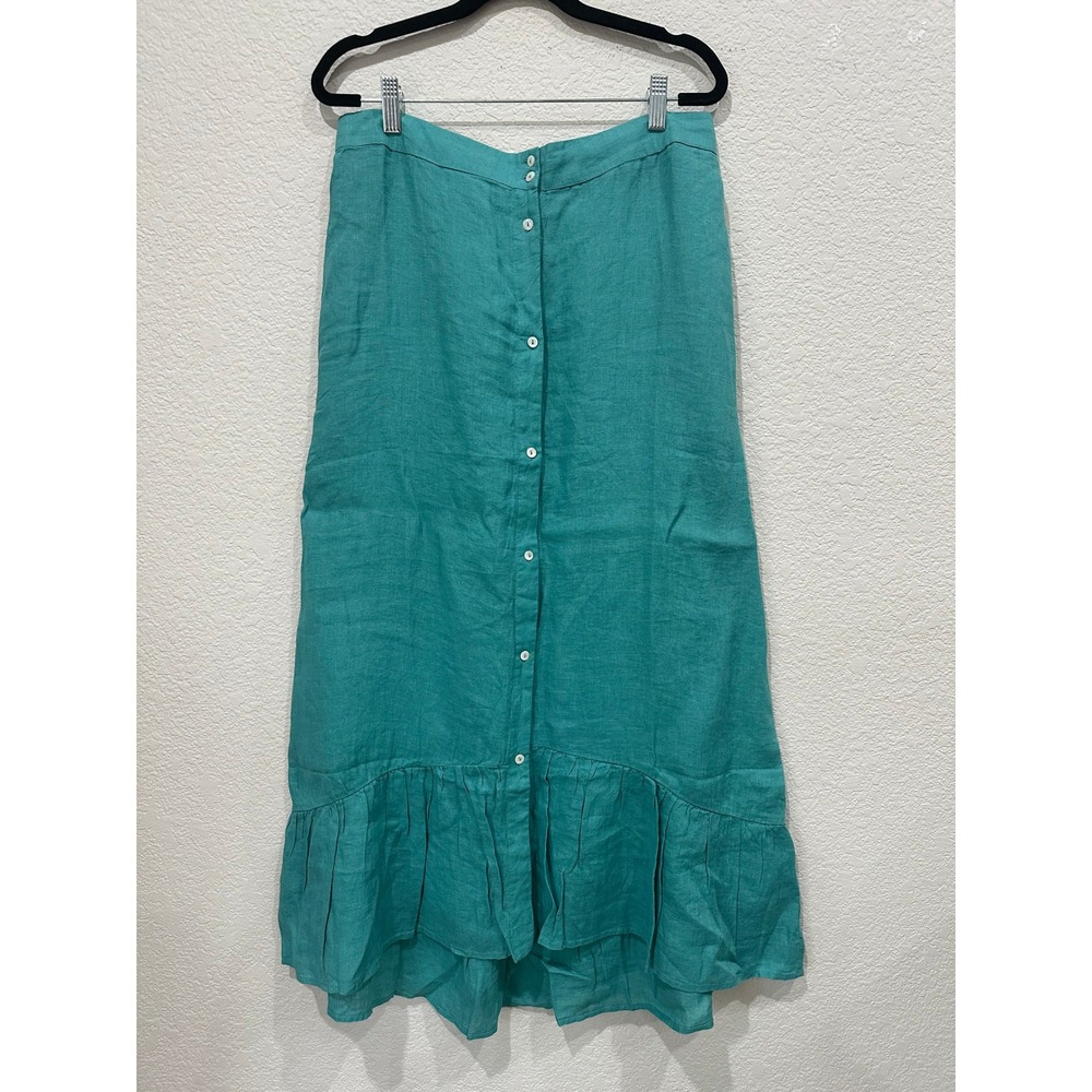 Sonmer Florence Skirt Green Button Front Ruffle Hem Midi Skirt Size L NEW